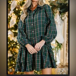 Green plaid button up dress